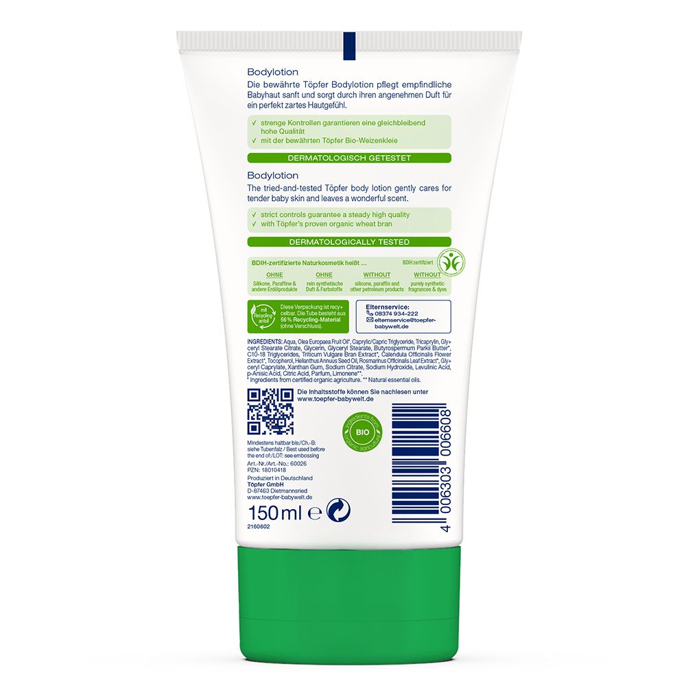 Dos du tube de lotion corporelle Töpfer. Texte avec ingrédients, label bio et test dermatologique.