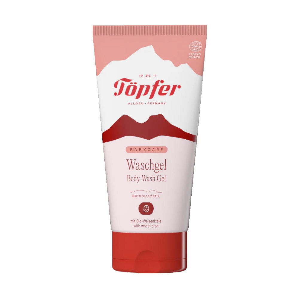 Gel lavant Töpfer Babycare pour peau et cheveux dans un tube rose avec motif de montagne et sceau bio.