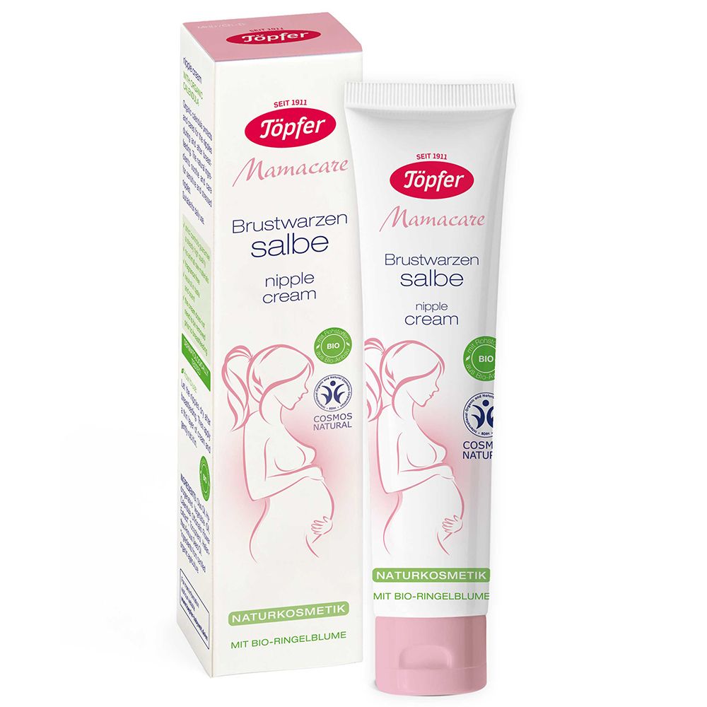 Töpfer Mamacare crème pour mamelons. Tube et boîte. Illustration d'une femme enceinte. Cosmétiques naturels.
