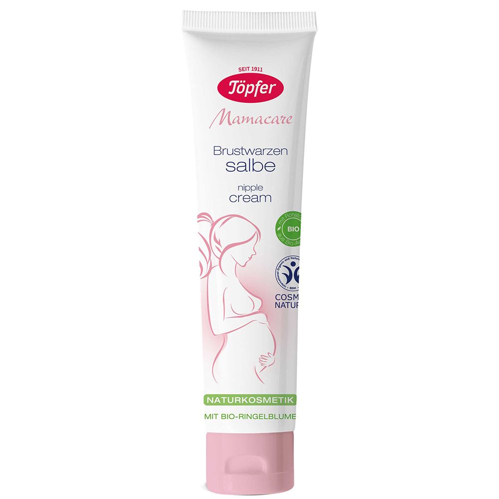 Töpfer Mamacare crème pour mamelons. Tube. Illustration femme enceinte. Cosmétiques naturels. Label bio.