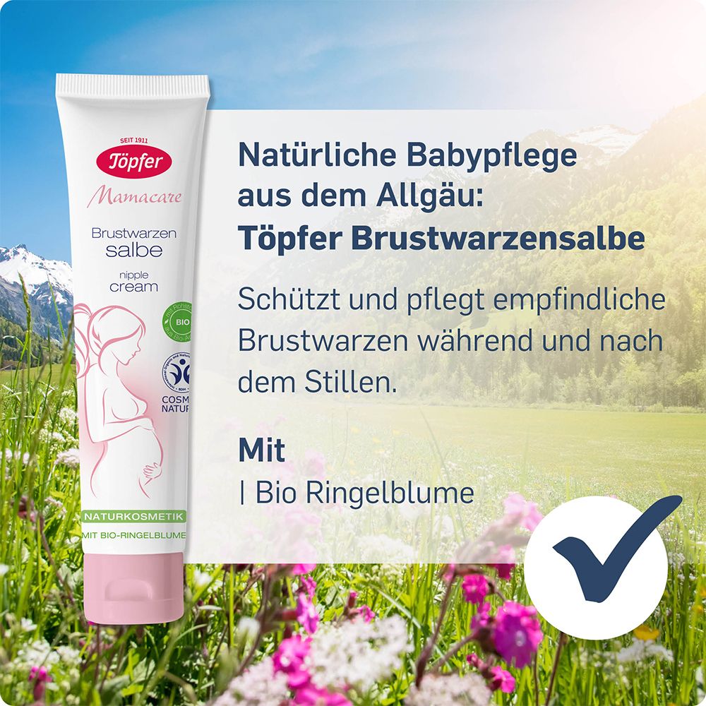 Töpfer crème pour mamelons. Texte avec informations produit. Montagnes en arrière-plan. Calendula bio. Case cochée.