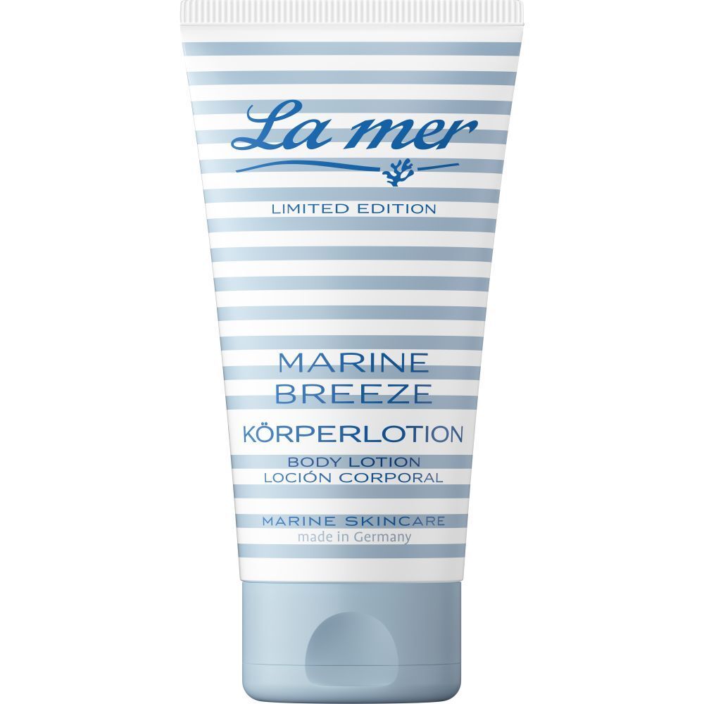 Tube de lotion pour le corps à rayures bleues et blanches. Inscription : La mer, Marine Breeze Körperlotion. Fabriqué en Allemagne.
