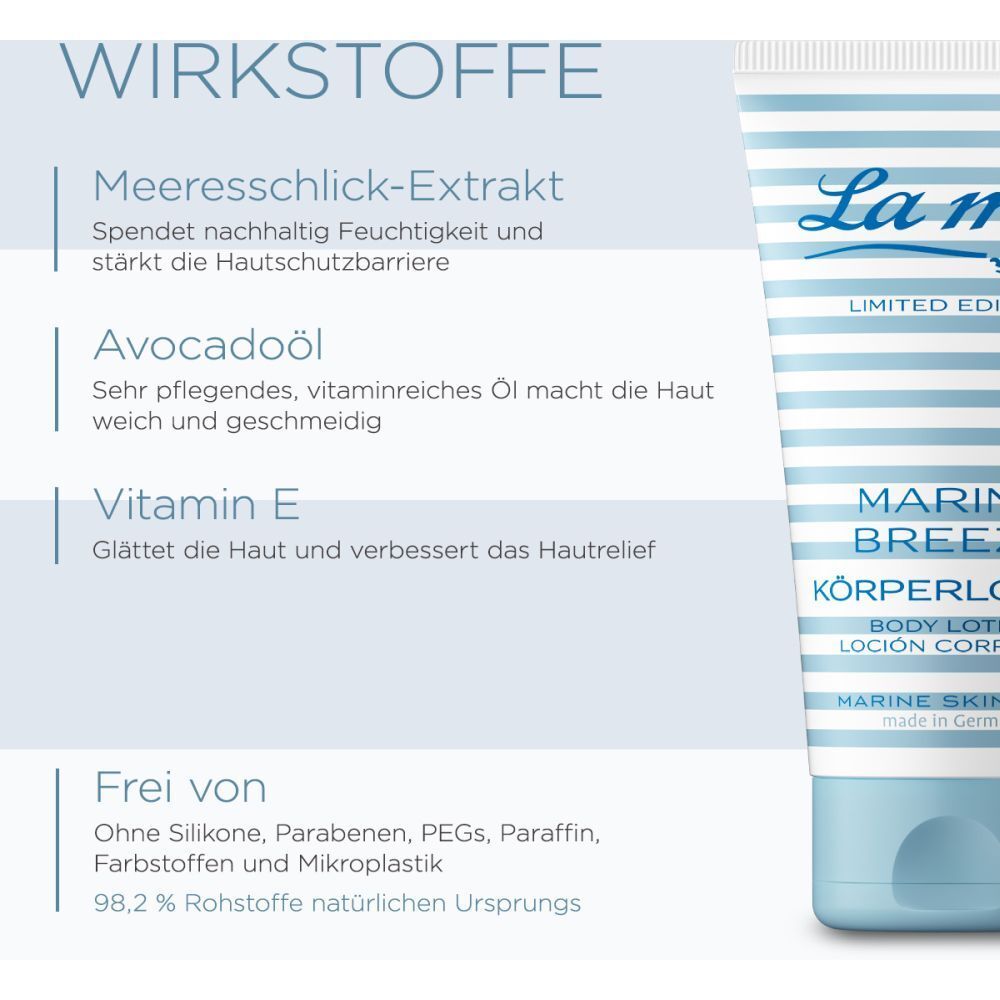 Texte avec ingrédients : Extrait de limon marin, huile d'avocat, vitamine E. Sans silicones, parabènes, etc. 98,2% d'ingrédients d'origine naturelle.