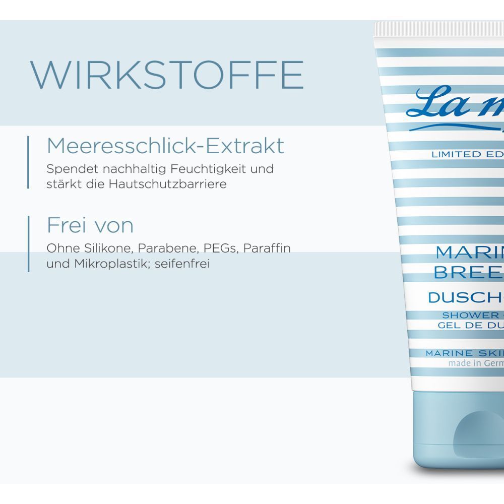 Texte avec informations sur les ingrédients. Extrait de limon marin. Sans silicones, parabènes, PEG, paraffine et microplastiques.