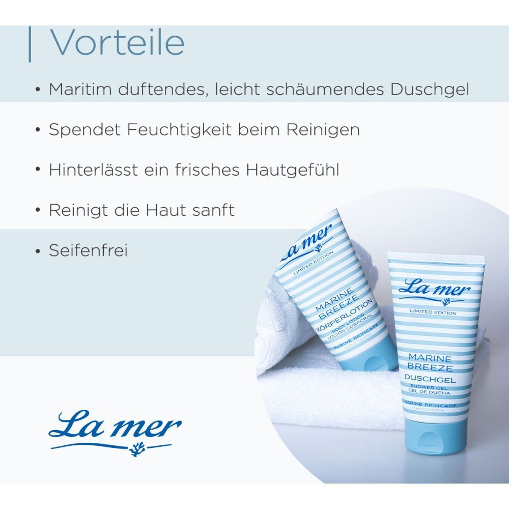 Texte avec les avantages du gel douche. Parfum marin, légèrement moussant, hydrate, laisse une sensation de fraîcheur, sans savon.