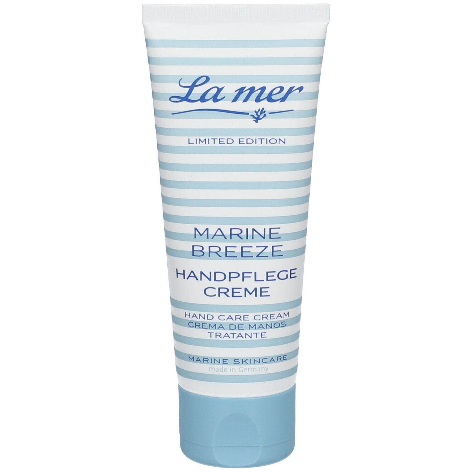 Tube de crème pour les mains à rayures bleues et blanches. Inscription La mer, Limited Edition, Marine Breeze, Handpflege Creme.