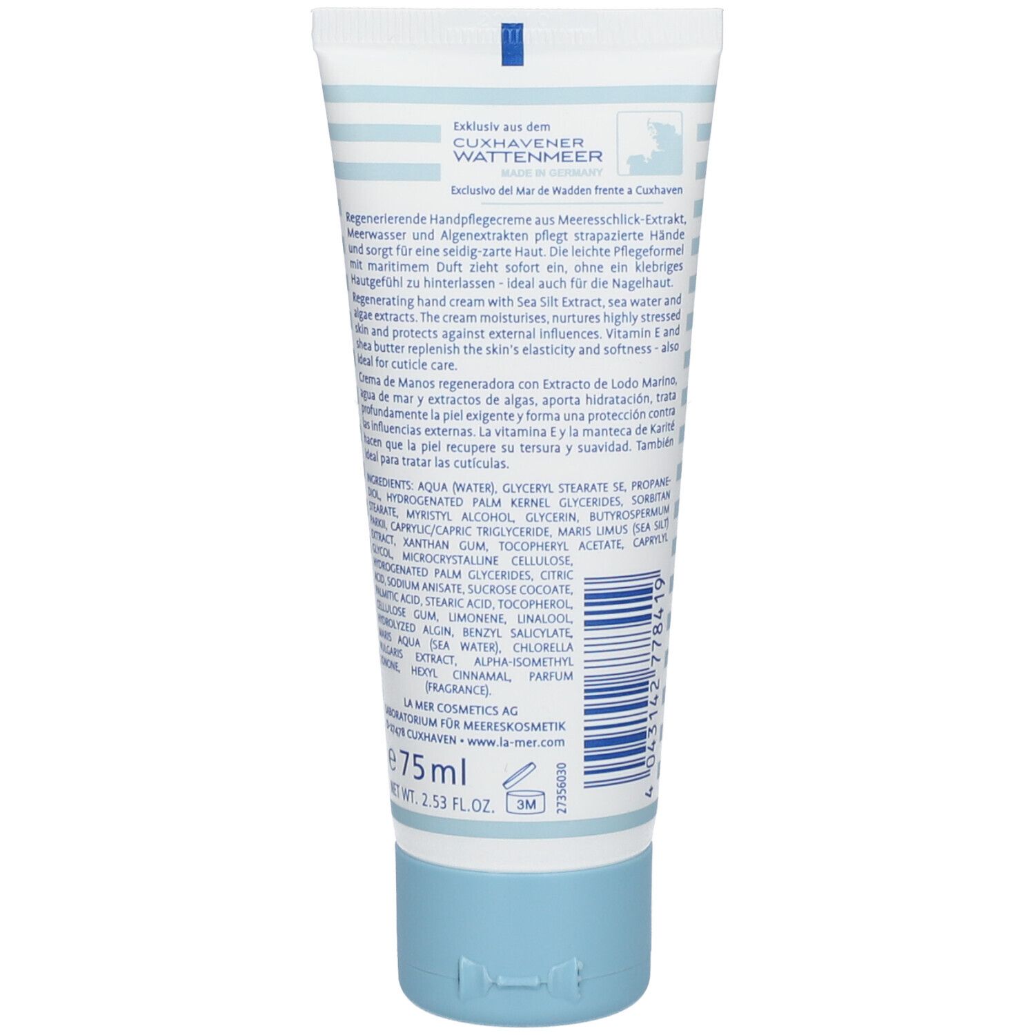 Dos du tube de crème pour les mains. Texte avec ingrédients et informations sur le produit. En bas : 75ml, logo La mer.