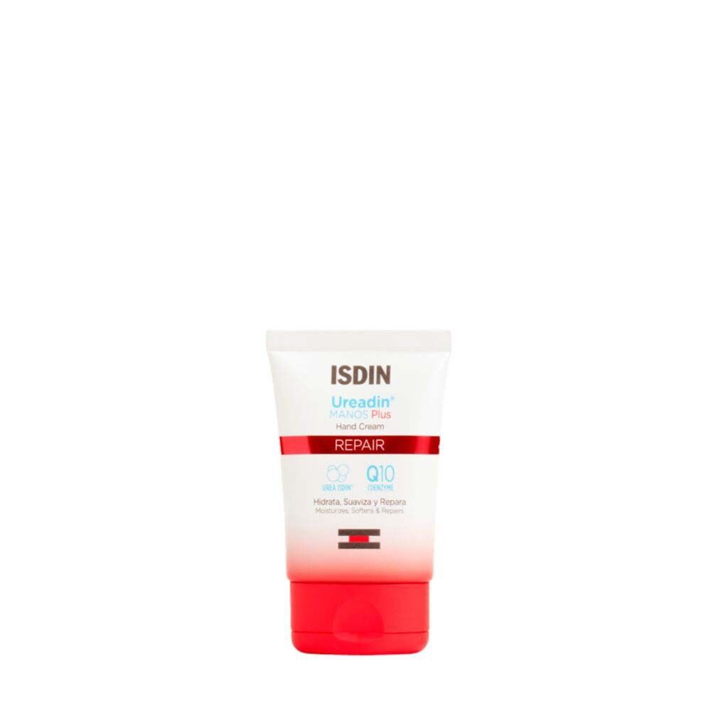 Tube blanche à bouchon rouge. Inscription ISDIN Ureadin Manos Plus Handcreme Repair. Q10.