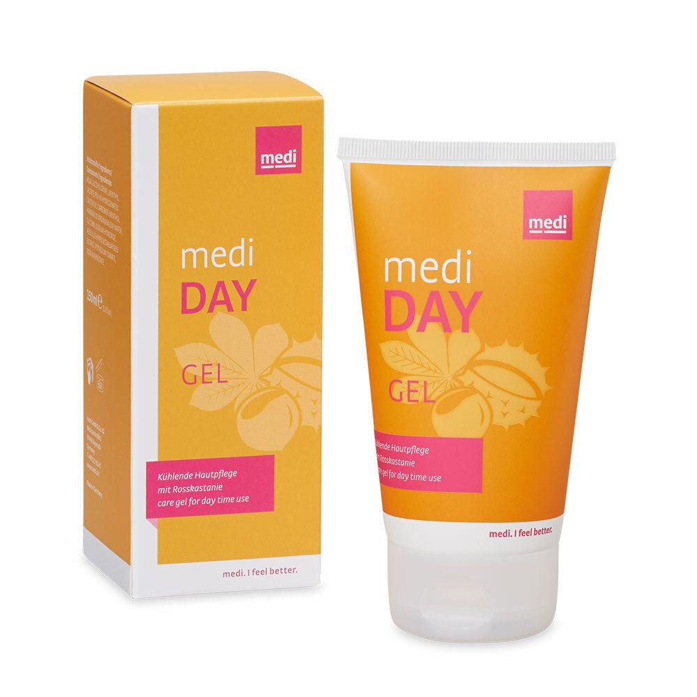 Tube et boîte orange, blanche et rose. Inscription: medi DAY GEL. Logo: medi. Contient un dessin.