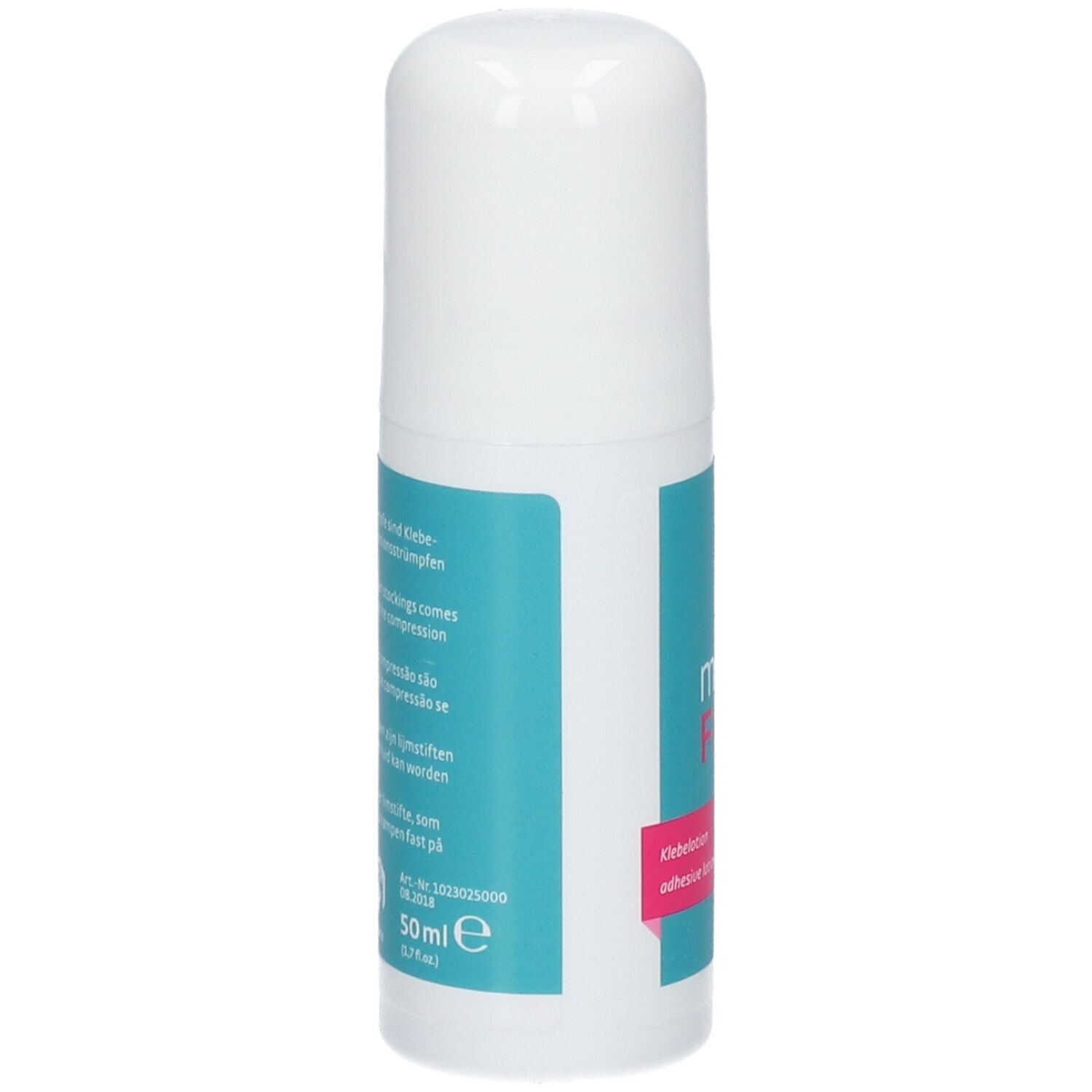 Flacon blanc avec étiquette bleue. Texte multilingue. Inscription : medi FIX Klebelotion. 50ml.