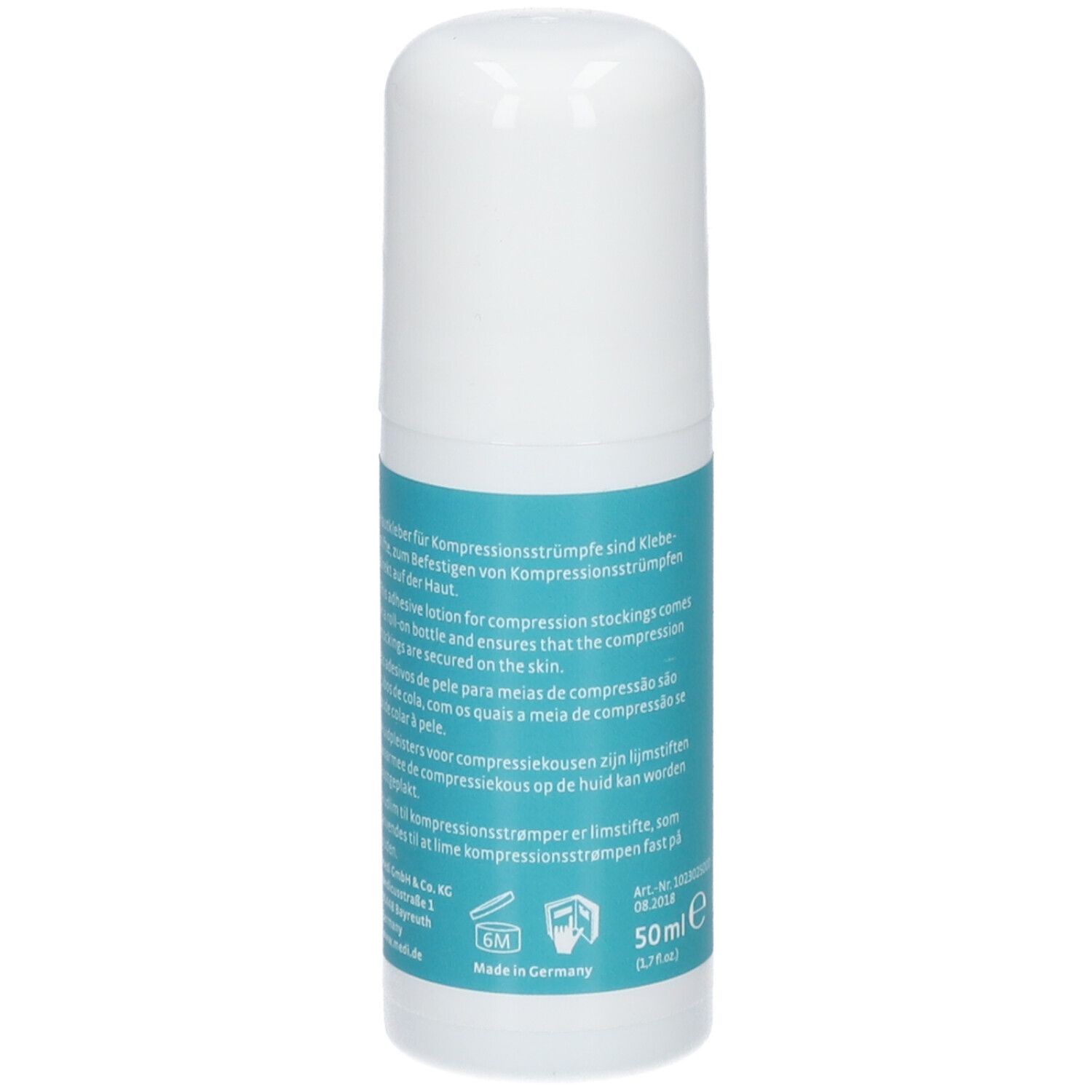 Flacon blanc avec étiquette bleue. Texte multilingue. Inscription : medi FIX Klebelotion. 50ml.