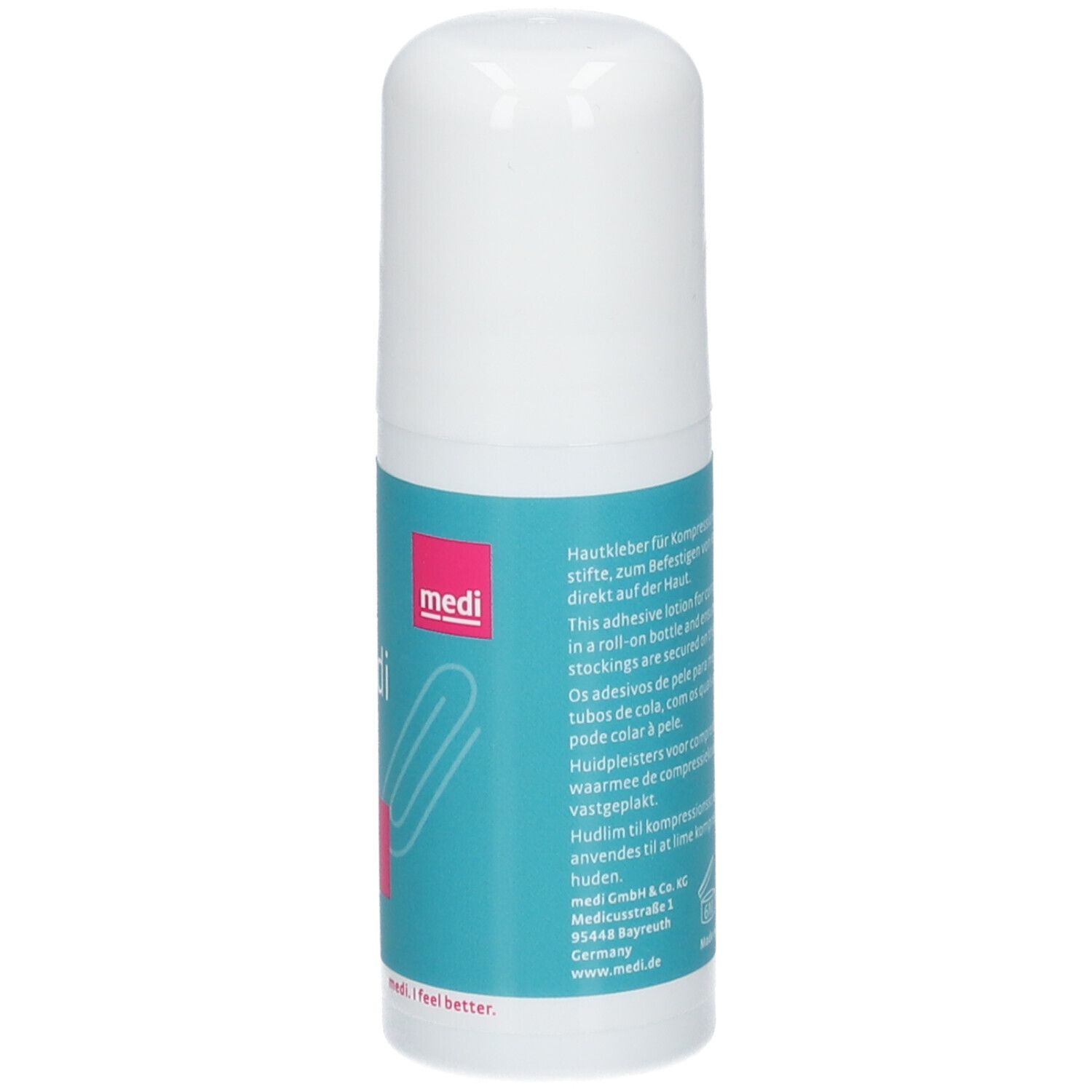 Flacon blanc avec étiquette bleue. Texte multilingue. Inscription : medi FIX Klebelotion. 50ml.