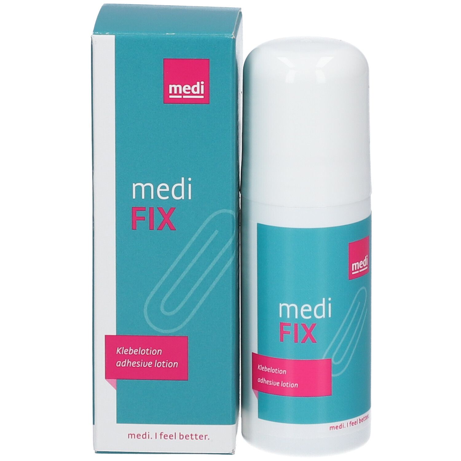 Emballage et flacon. Inscription : medi FIX Klebelotion. Avec applicateur roll-on. Emballage bleu.