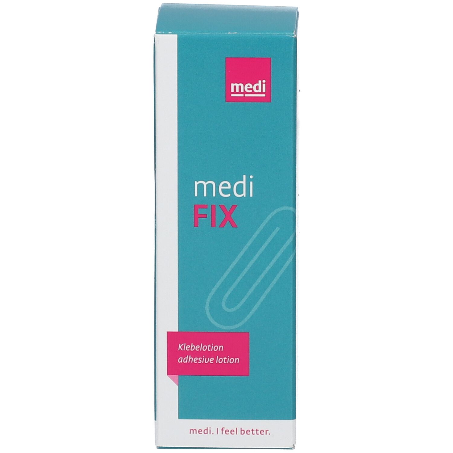 Emballage bleu. Inscription : medi FIX Klebelotion. Avec applicateur roll-on. Marque medi.