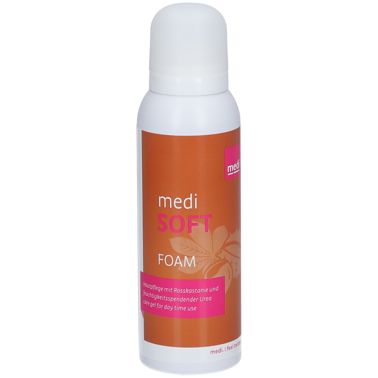 Flacon blanc avec étiquette orange. Inscription : medi SOFT FOAM. Zone de texte rose avec informations produit.