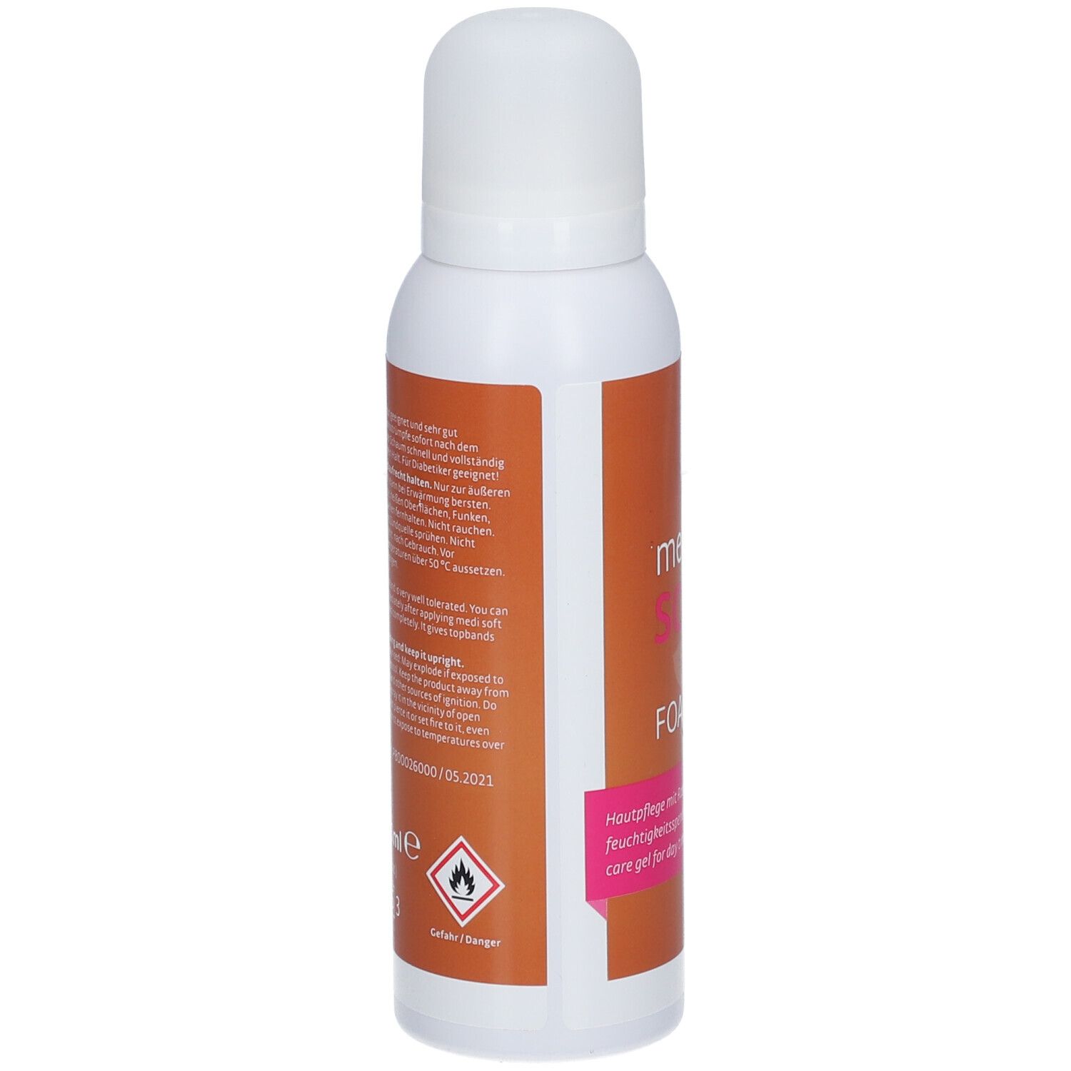 Dos d'un flacon pulvérisateur blanc avec étiquette orange. Informations textuelles et pictogrammes.