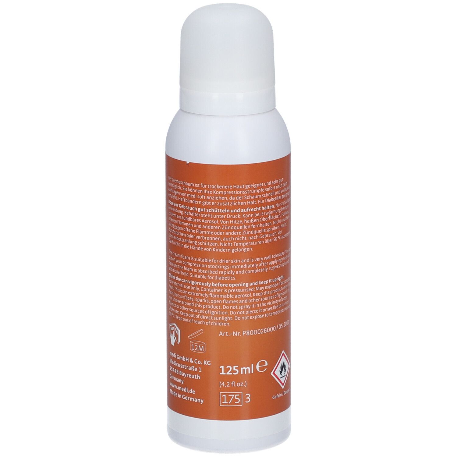 Flacon pulvérisateur blanc avec étiquette orange. Inscription : medi SOFT FOAM. Volume : 125 ml.