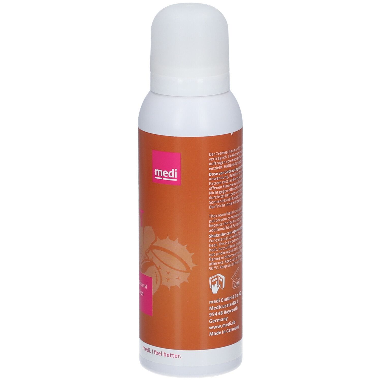 Flacon pulvérisateur blanc avec étiquette orange. Inscription : medi SOFT FOAM. Zone de texte rose avec informations produit.