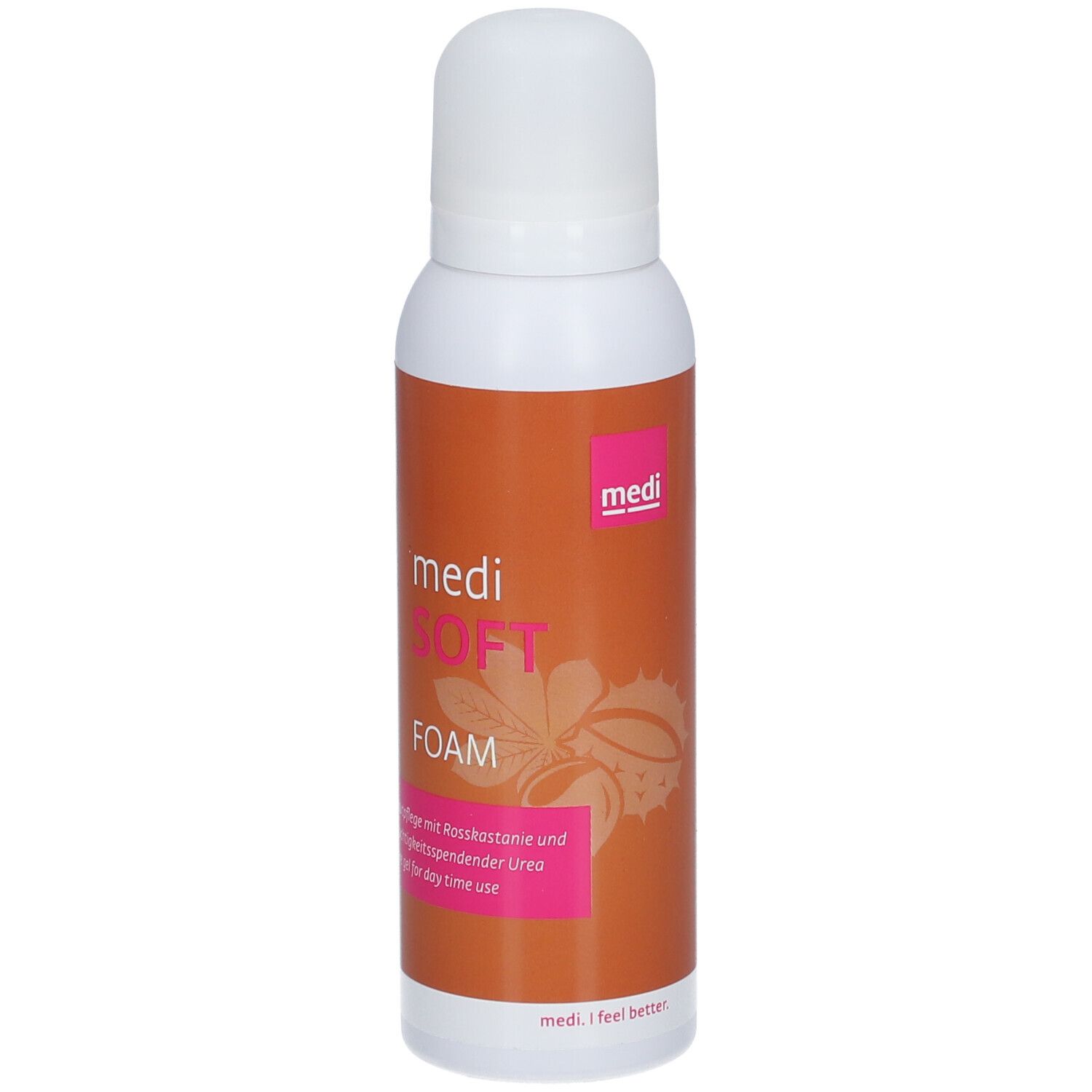 Flacon blanc avec étiquette orange. Inscription : medi SOFT FOAM. Zone de texte rose avec informations produit.