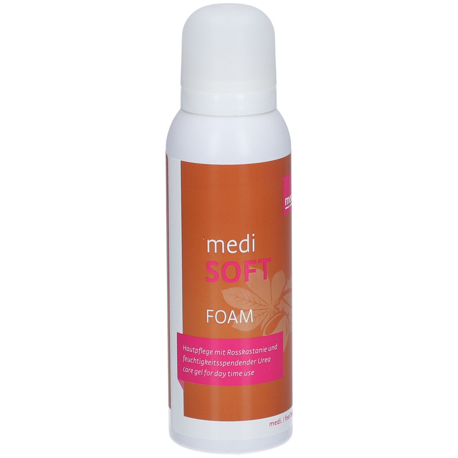 Flacon blanc avec étiquette orange. Inscription : medi SOFT FOAM. Zone de texte rose avec informations produit.