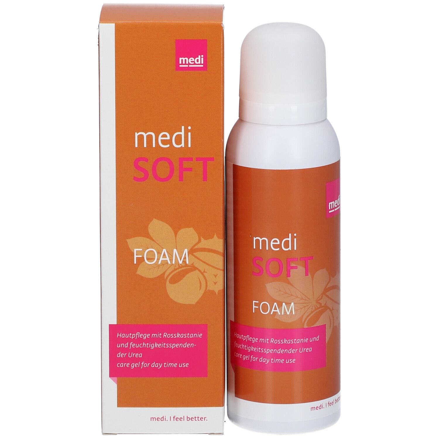 Produit et emballage. Flacon pulvérisateur blanc et boîte orange. Inscription : medi SOFT FOAM.