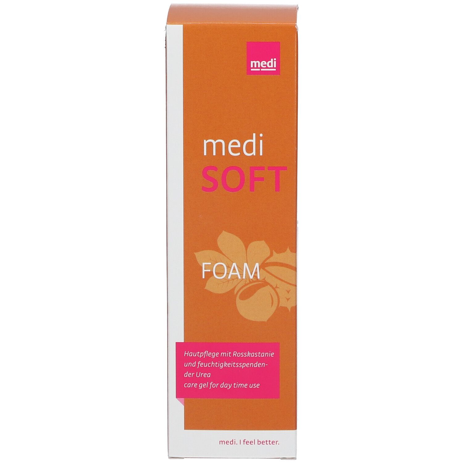 Boîte orange avec inscription : medi SOFT FOAM. Zone de texte rose avec informations produit.