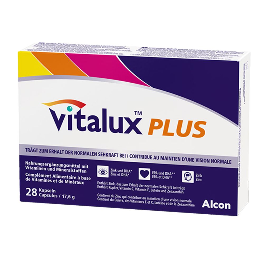 Boîte de Vitalux Plus. Boîte bleue avec nom et logos du produit. Contient 28 gélules. Logo Alcon.