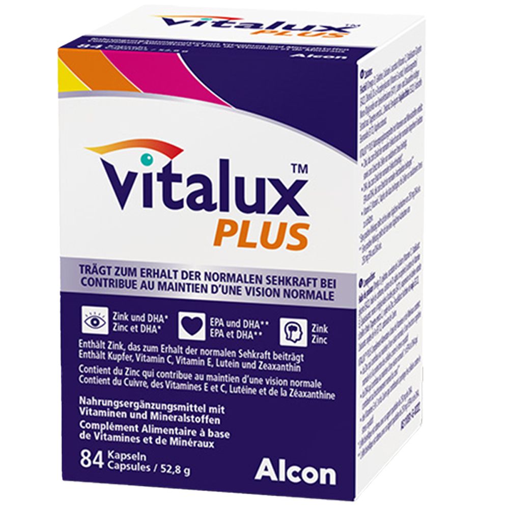 Boîte blanche Vitalux Plus. Contient 84 gélules. Logo Alcon en bas à droite.