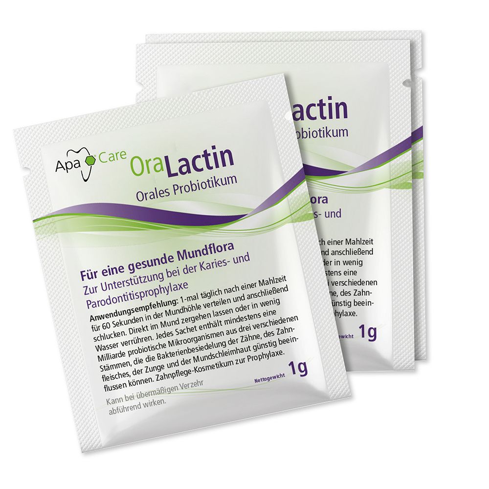 Trois petits sachets blancs avec nom et logo du produit. Texte : OraLactin, Orales Probiotikum. Pour une flore buccale saine. 1g.