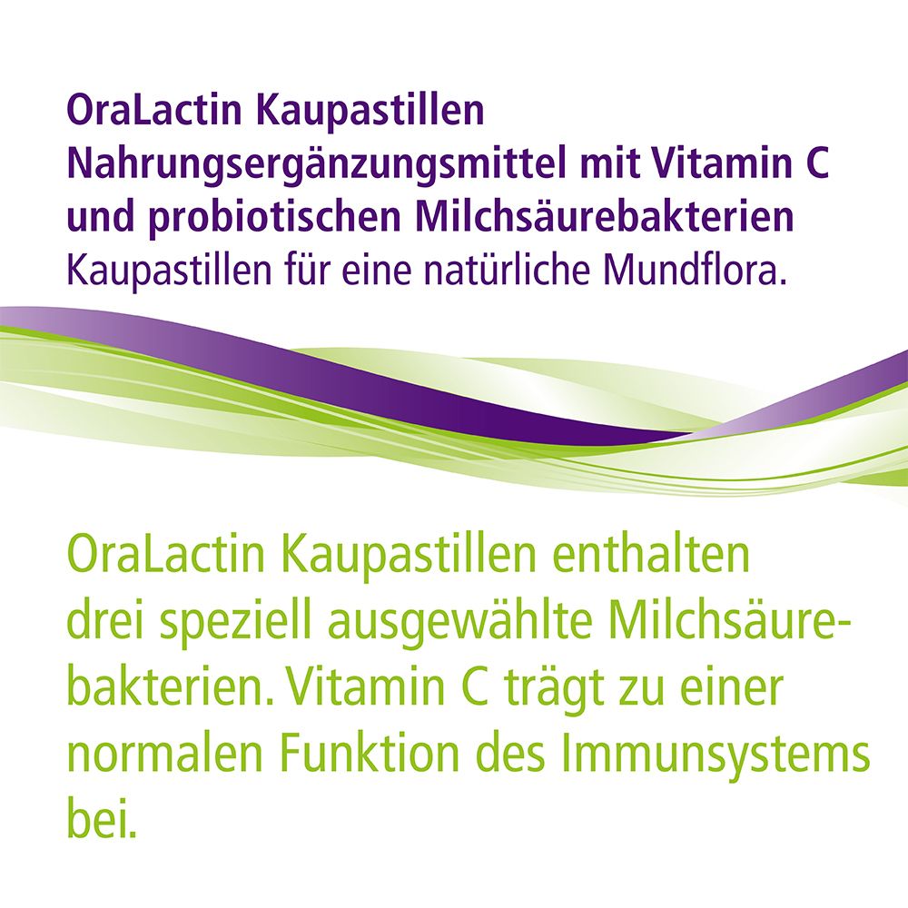 Texte sur fond blanc. Texte : OraLactin comprimés à mâcher, complément alimentaire avec vitamine C et bactéries lactiques probiotiques.