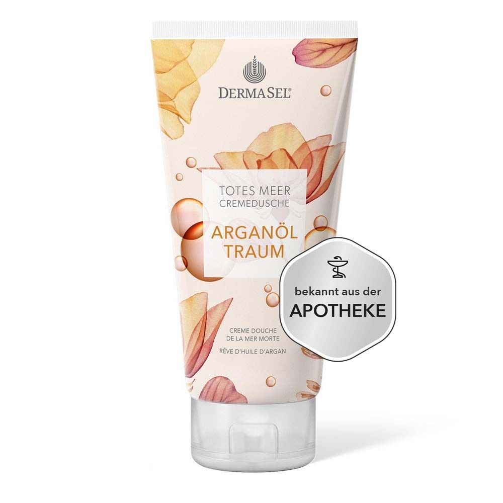 Tube de crème de douche avec motif floral. Inscription : DERMASEL, Totes Meer Cremedusche, Arganöl Traum. Sceau de pharmacie.