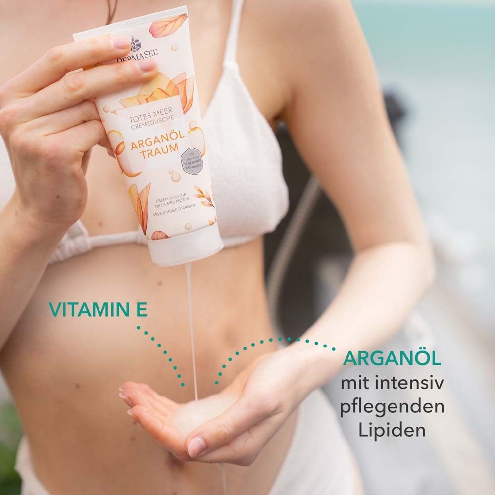 Le produit est versé sur la main. Texte : Vitamine E, Huile d'argan avec lipides nourrissants. Produit : Arganöl Traum.