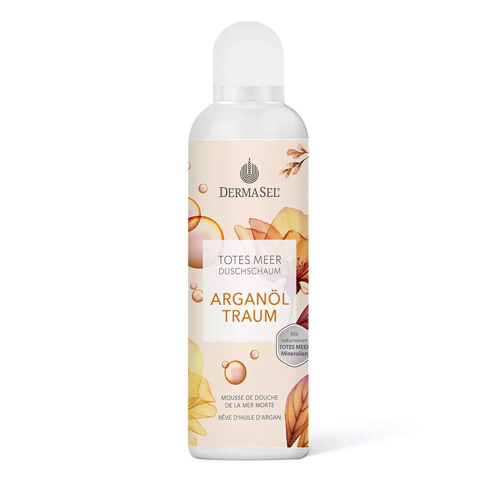 Flacon blanc-beige avec vaporisateur. Inscription: DERMASEL, TOTES MEER DUSCHSCHAUM, ARGANÖL TRAUM. Motif floral.