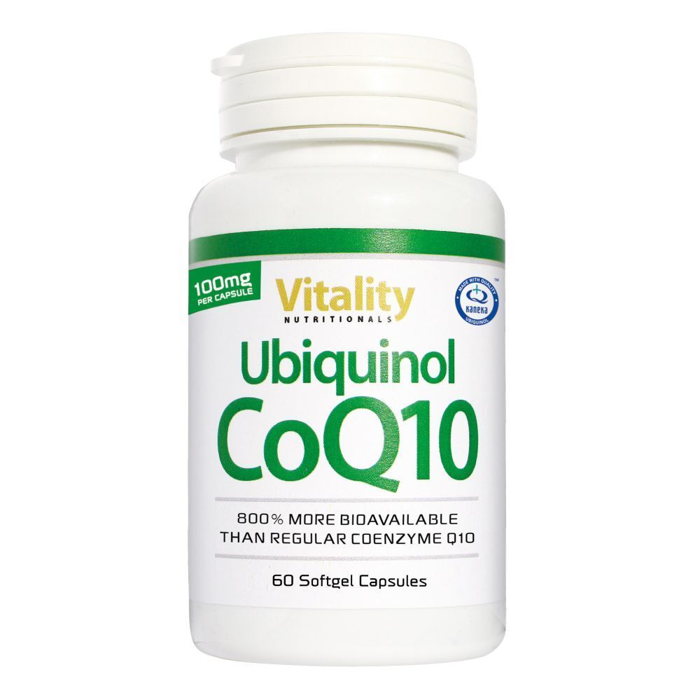 Flacon blanc avec étiquette verte. Inscription: Vitality Ubiquinol CoQ10, 60 gélules. 100mg par gélule.