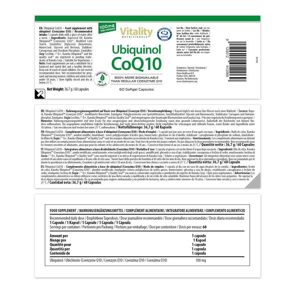 Dos du flacon avec texte. Contient des informations sur les ingrédients, le dosage et les valeurs nutritionnelles. Multilingue.