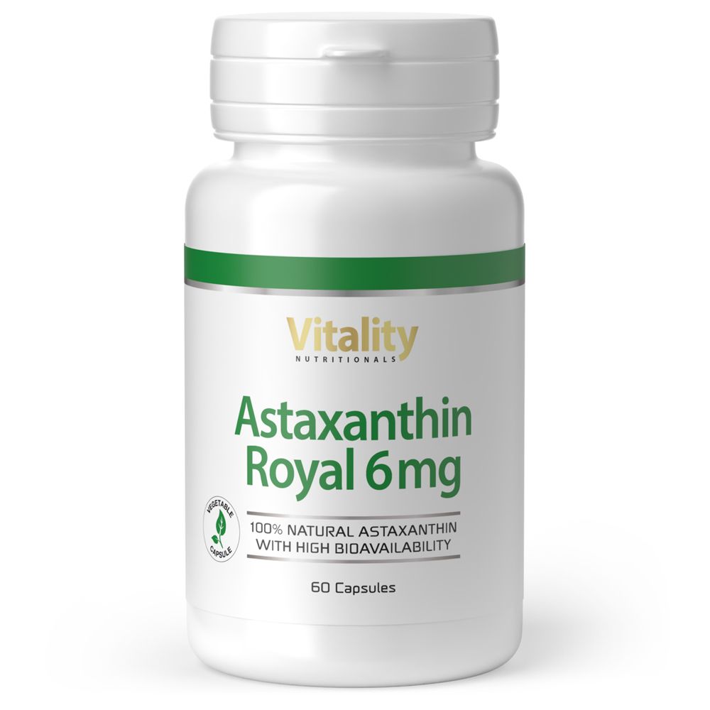 Flacon blanc avec étiquettes vertes et dorées. Inscription: Astaxanthine Royal 6mg, 60 gélules. Vitality Nutritionals.