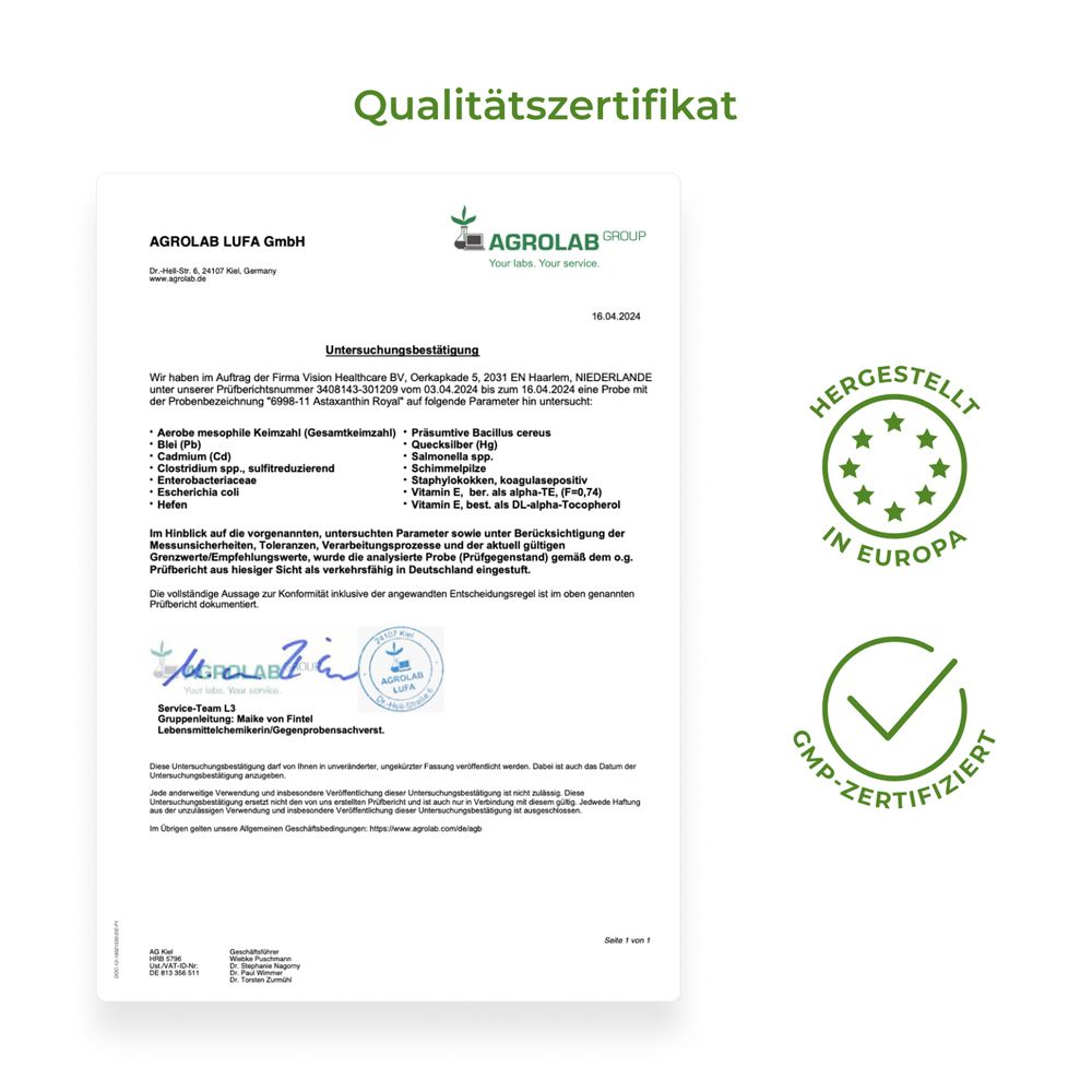 Certificat de qualité avec texte et logos. Fabriqué en Europe. Certifié GMP.