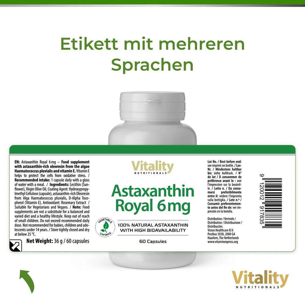 Étiquette avec texte multilingue. Nom du produit: Astaxanthine Royal 6mg. 60 gélules. Vitality Nutritionals.