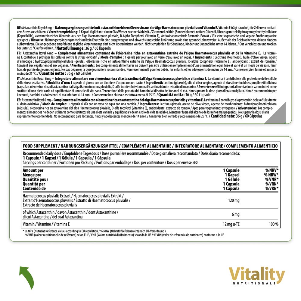 Informations produit multilingues sur fond blanc. Nom du produit: Astaxanthine Royal 6mg. 60 gélules. Vitality Nutritionals.
