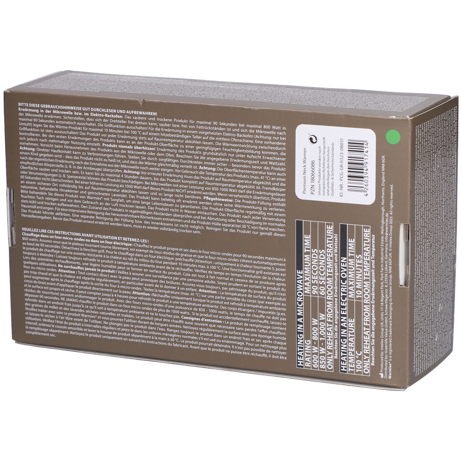Dos de l'emballage du chauffe-nuque Premium Warmies®. Texte avec temps de chauffe pour micro-ondes et four. Autocollant vert.