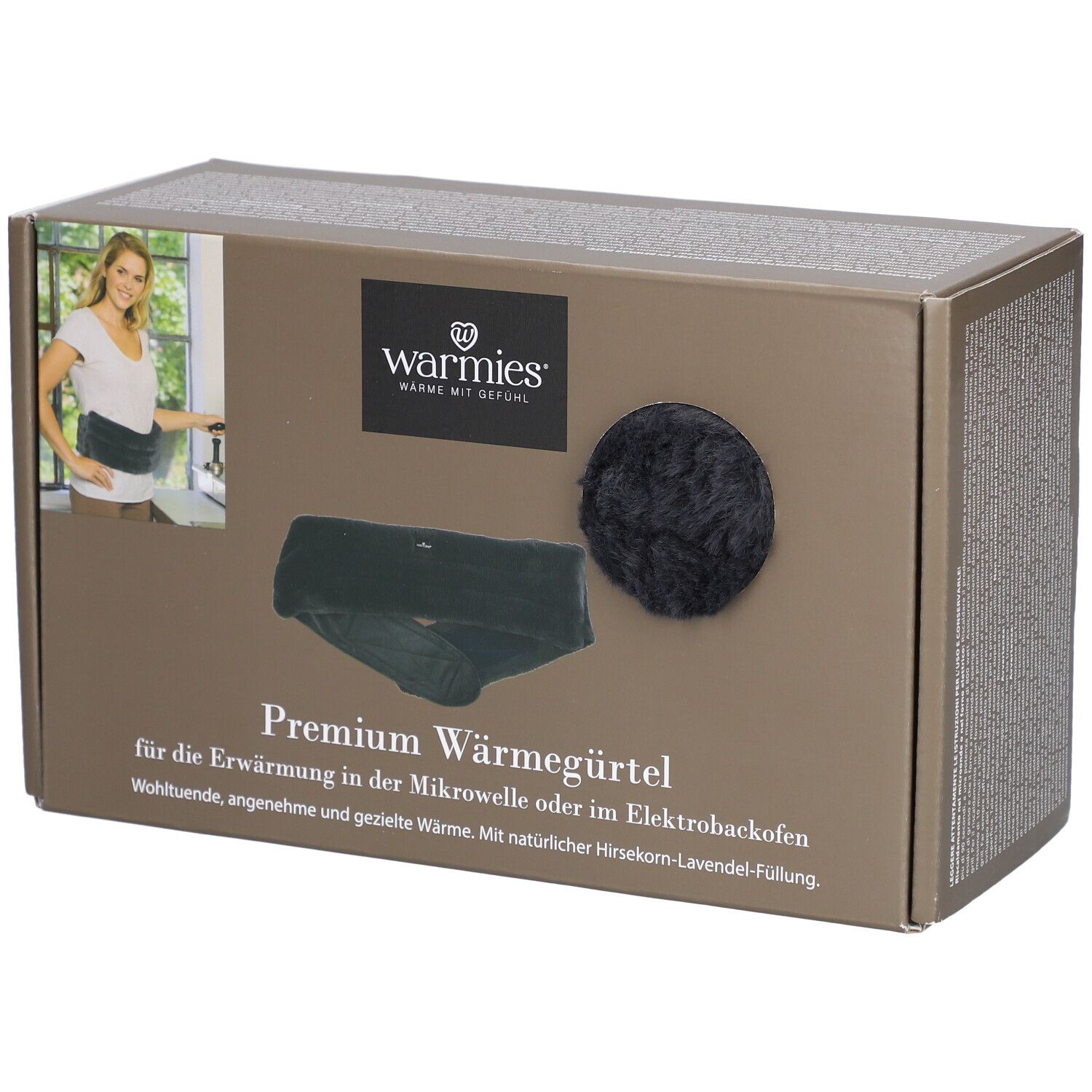 Boîte avec image du produit et texte. Logo : Warmies. Produit : Premium Wärmegürtel. Image d'une femme avec la ceinture.