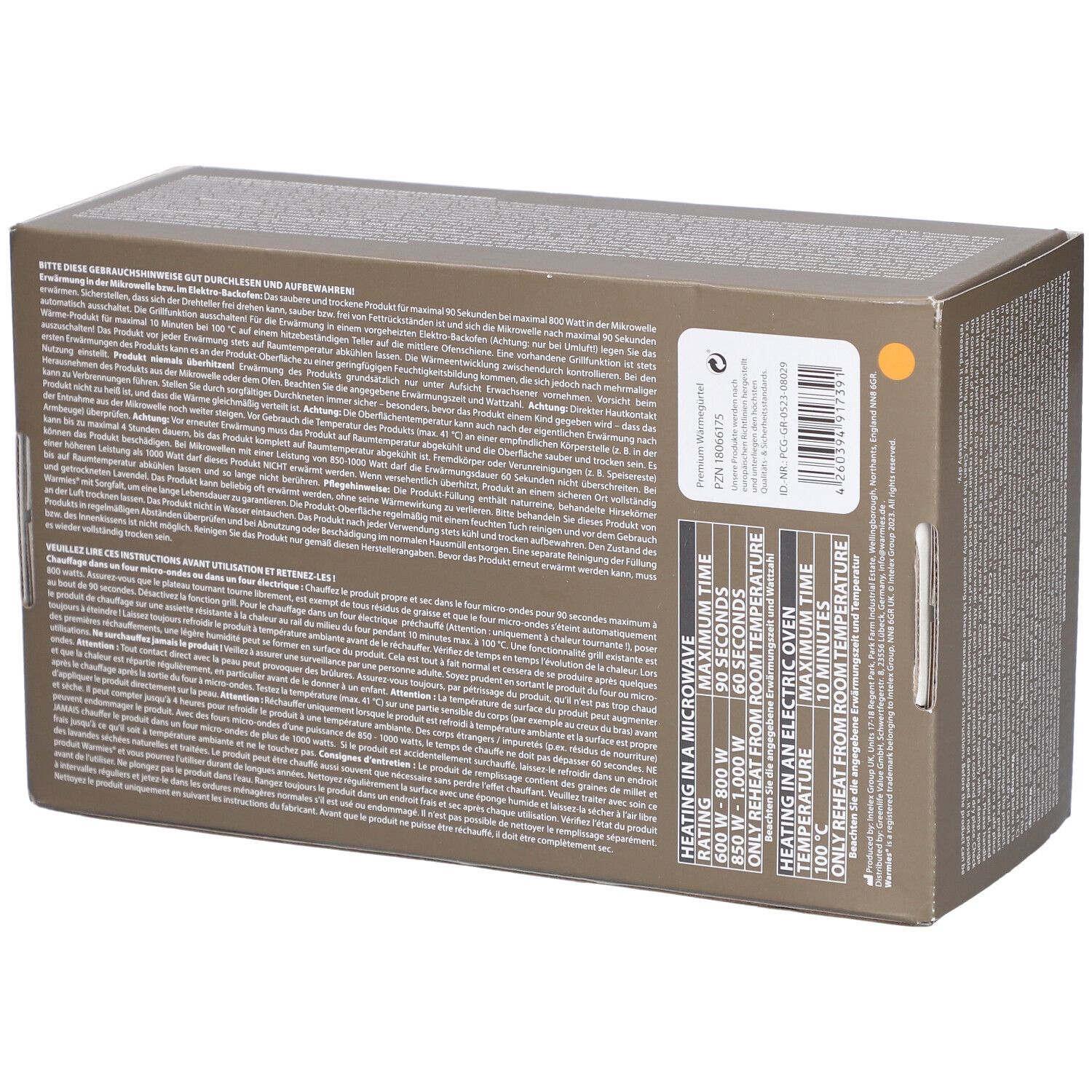Dos de l'emballage du produit. Texte avec informations sur le produit. Temps de chauffe pour micro-ondes et four.