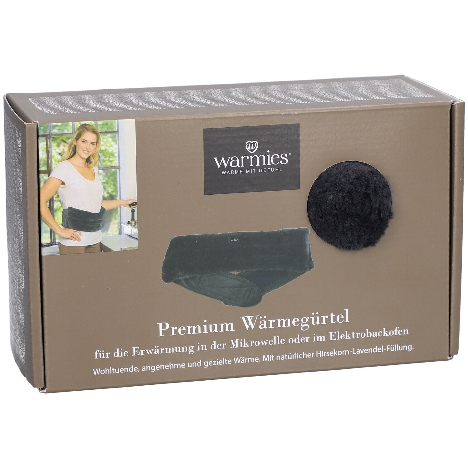 Boîte avec image du produit et texte. Logo : Warmies. Produit : Premium Wärmegürtel. Image d'une femme avec la ceinture.