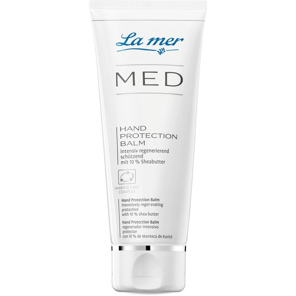 Tube blanc La mer MED Hand Protection Balm. Texte : régénérant intensif, avec 10 % de beurre de karité.
