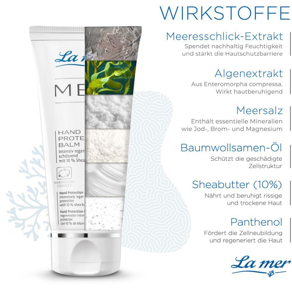 Graphique des ingrédients du La mer MED Hand Protection Balm. Extrait de limon marin, extrait d'algues, sel marin, huile de coton, beurre de karité, panthénol.