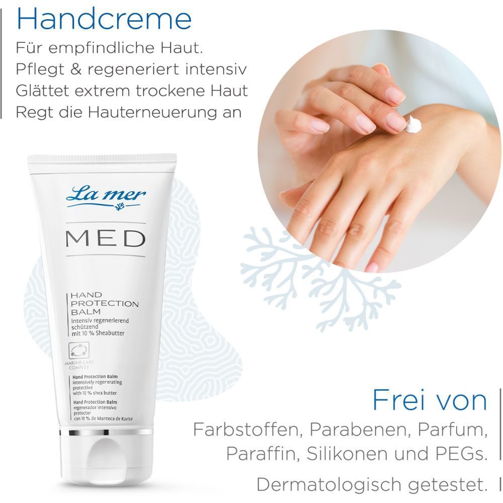 Femme appliquant La mer MED Hand Protection Balm. Texte : crème pour peaux sensibles. Sans colorants, parabènes, parfum, paraffine, silicones et PEG.