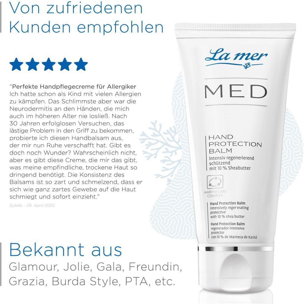 La mer MED Hand Protection Balm. Texte : Recommandé par des clients satisfaits. Apparaît dans Glamour, Jolie, Gala, Freundin, Grazia, Burda Style, PTA, etc.