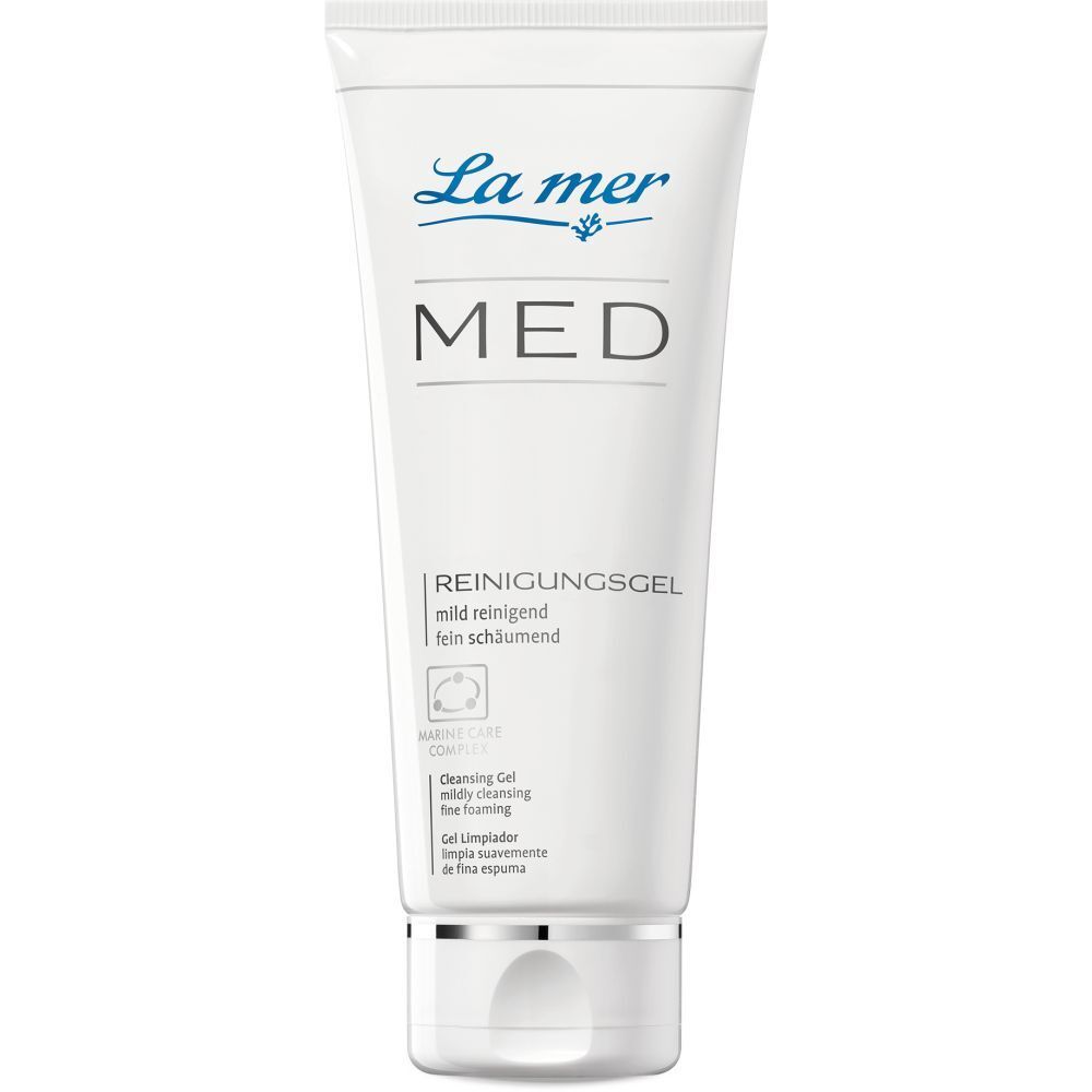 Gel nettoyant blanc en tube. Logo La mer MED et nom du produit. Marine Care Complex.