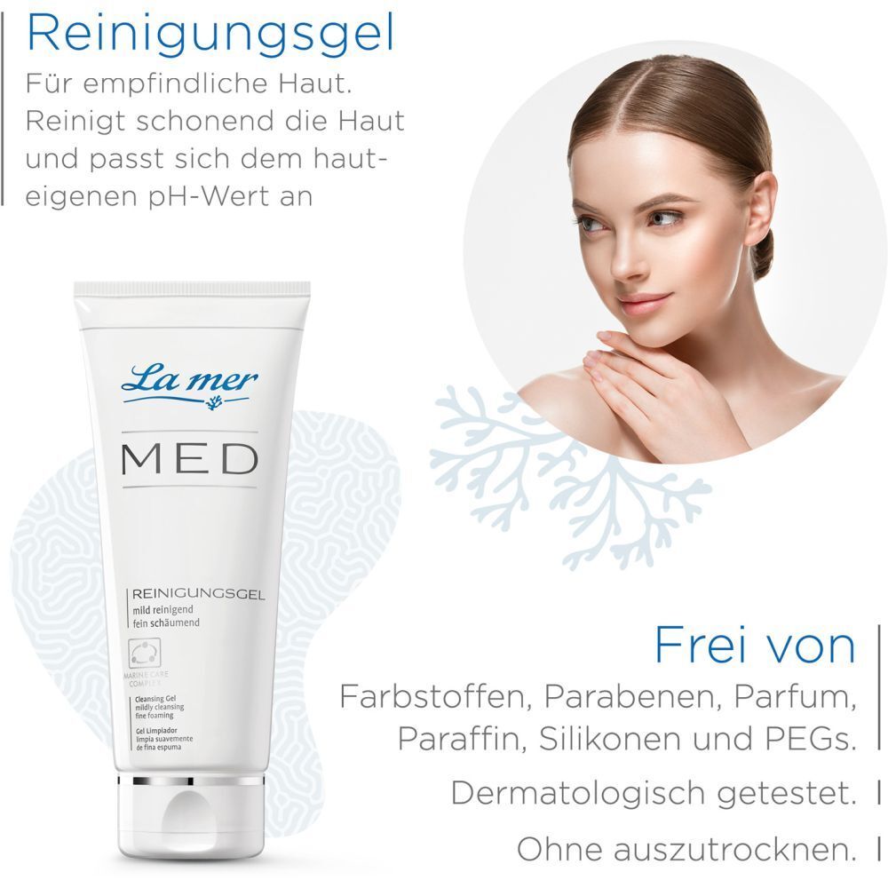 Produit et femme. Texte: Gel nettoyant pour peaux sensibles. Sans: colorants, parabènes, parfum, paraffine, silicones, PEG.