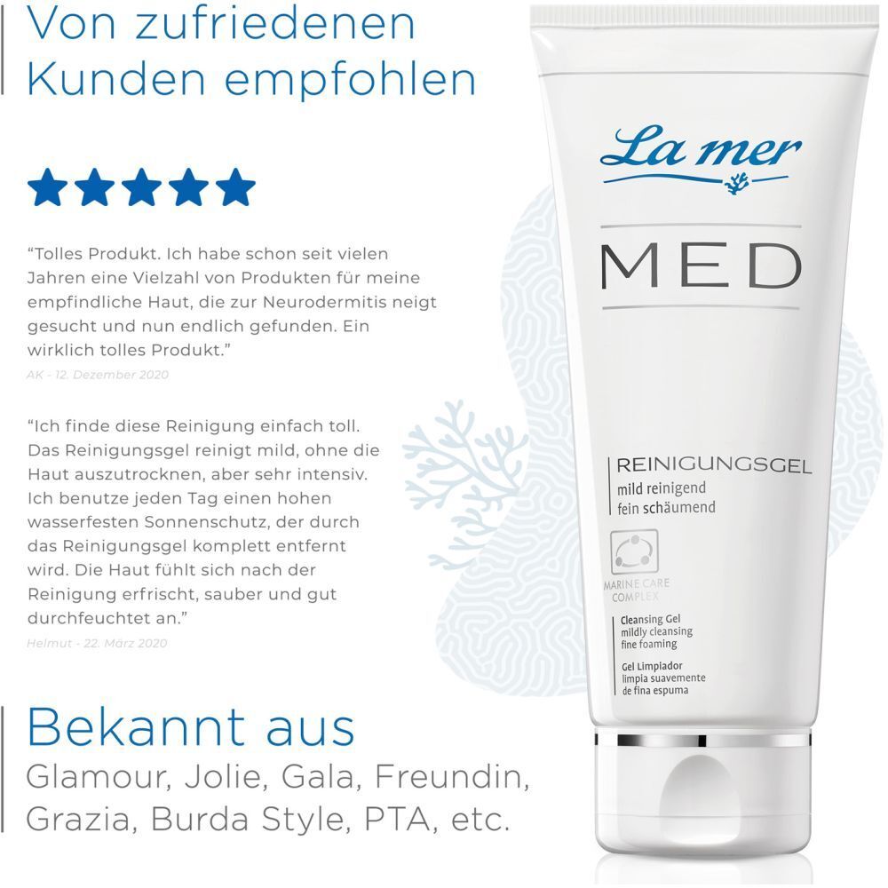 Produit et avis clients. Texte: Recommandé par des clients satisfaits. Connu de: Glamour, Jolie, Gala, etc. La mer MED.